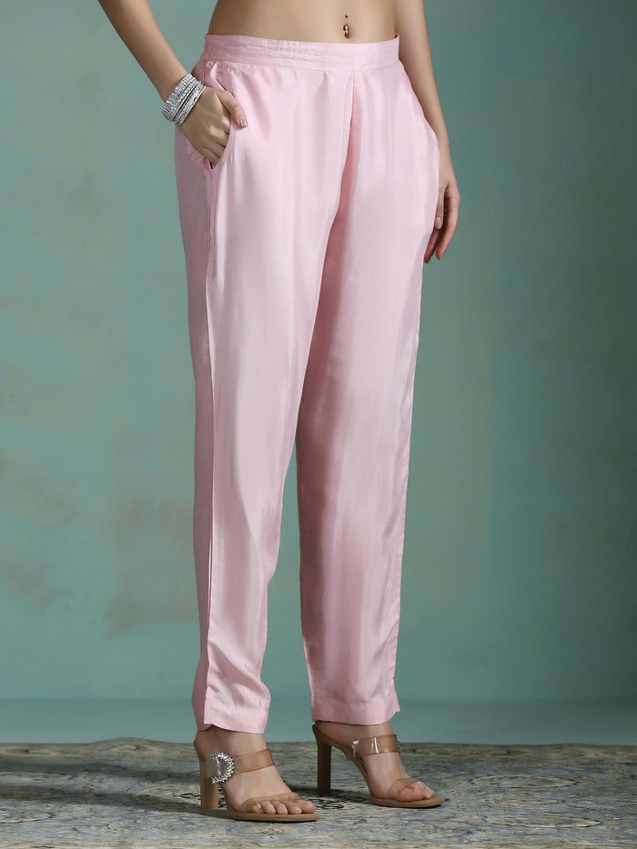 Women Organza Pink Embroidered Kurta Comfort Pant Dupatta.