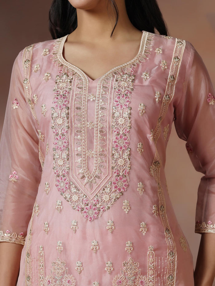 Women Organza Pink Embroidered Kurta Comfort Pant Dupatta.