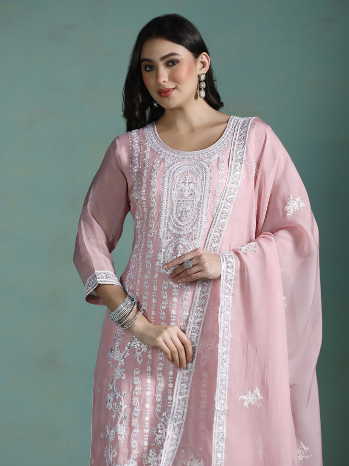 Women Organza Pink Embroidered Kurta Comfort Pant Dupatta.