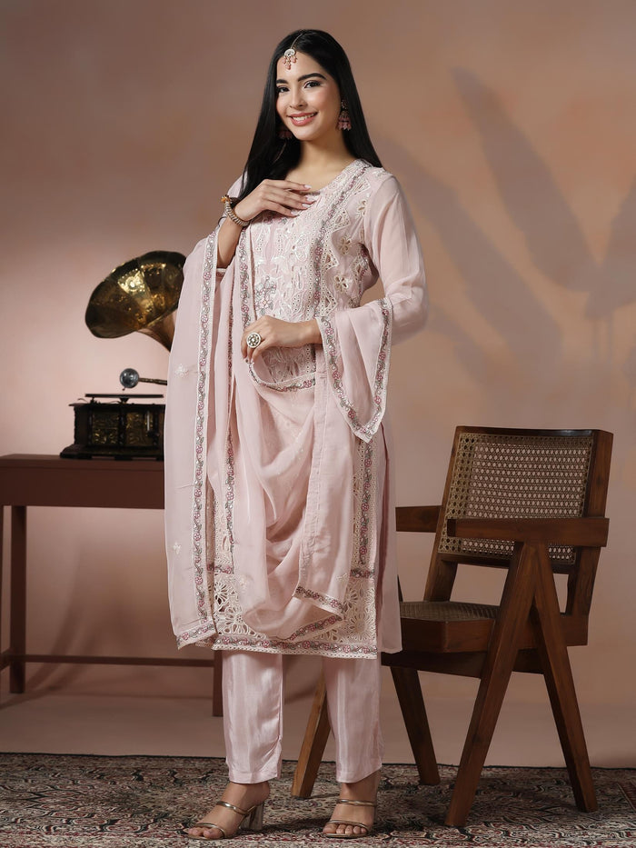 Women Organza Pink Embroidered Kurta With Comfort Pant Dupatta.