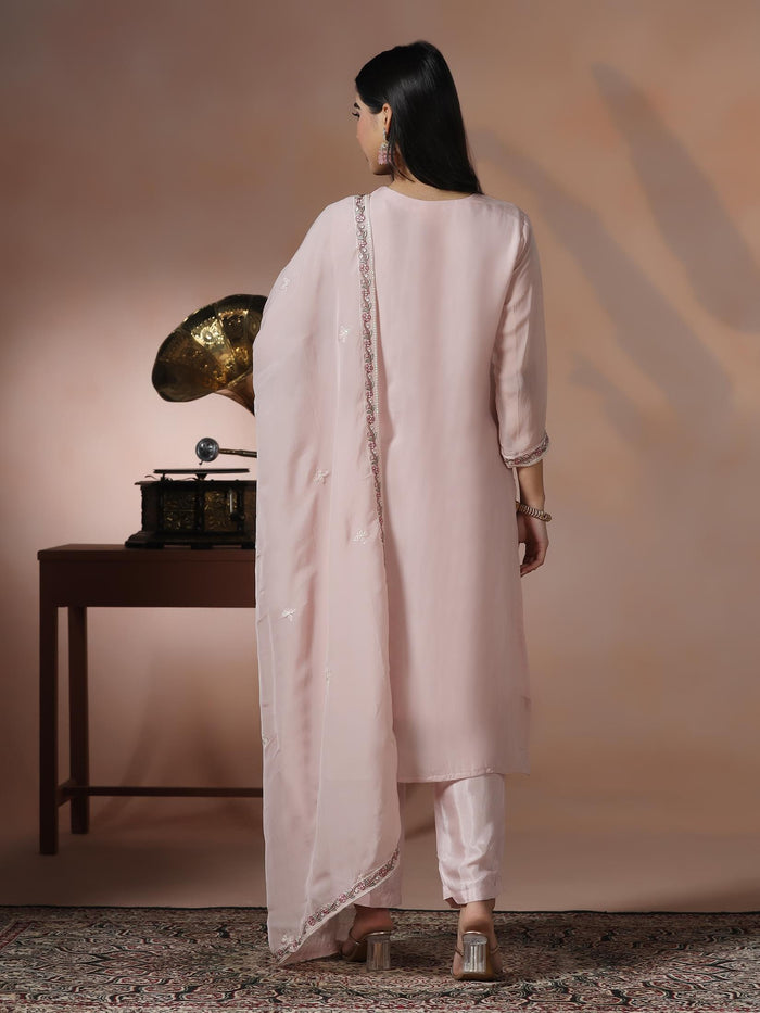 Women Organza Pink Embroidered Kurta With Comfort Pant Dupatta.