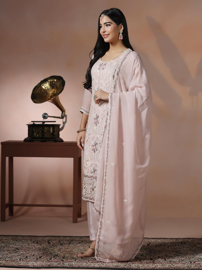 Women Organza Pink Embroidered Kurta With Comfort Pant Dupatta.