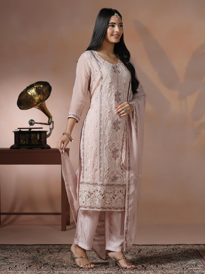 Women Organza Pink Embroidered Kurta With Comfort Pant Dupatta.