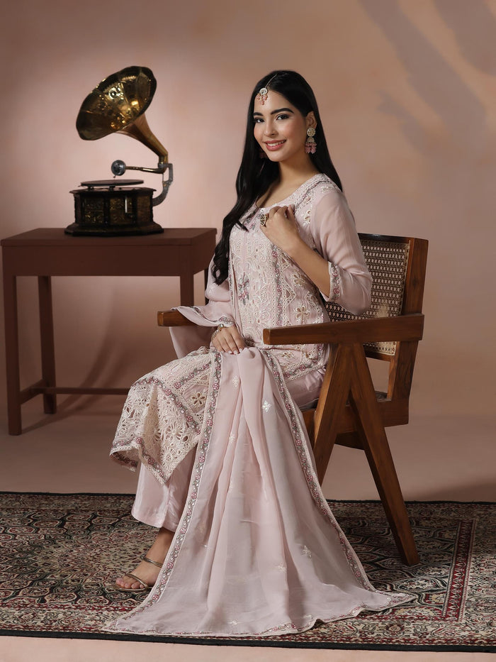 Women Organza Pink Embroidered Kurta With Comfort Pant Dupatta.
