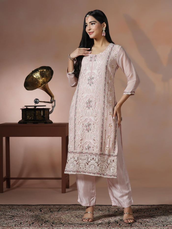 Women Organza Pink Embroidered Kurta With Comfort Pant Dupatta.