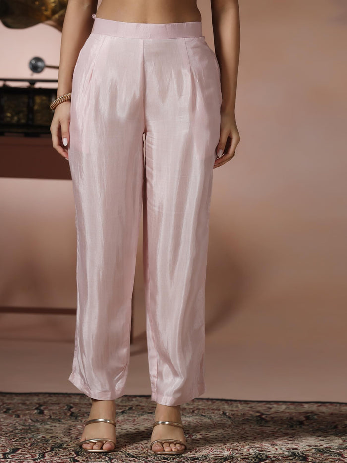 Women Organza Pink Embroidered Kurta With Comfort Pant Dupatta.