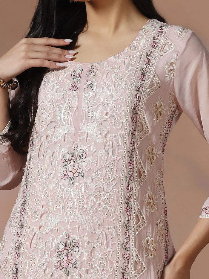 Women Organza Pink Embroidered Kurta With Comfort Pant Dupatta.
