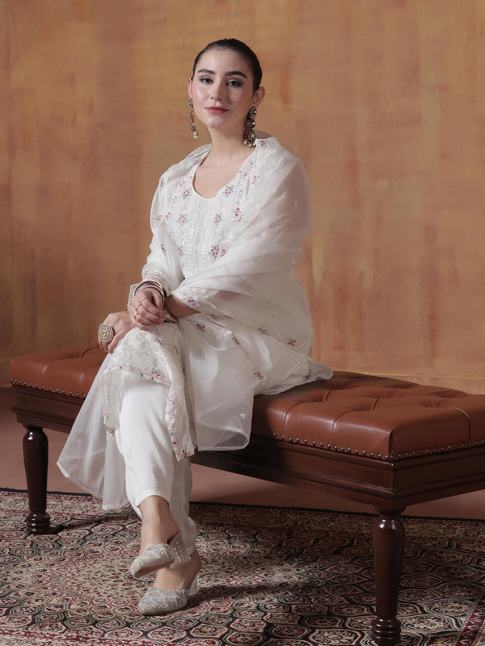 Women Organza White Embroidered Kurta Comfort Pant Dupatta.