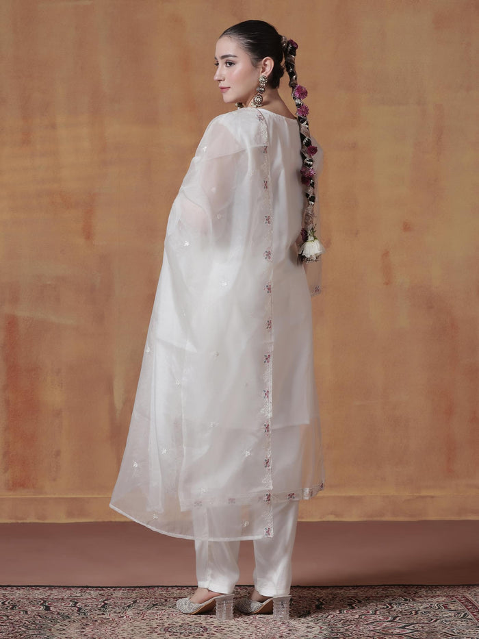 Women Organza White Embroidered Kurta Comfort Pant Dupatta.