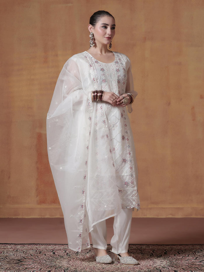 Women Organza White Embroidered Kurta Comfort Pant Dupatta.
