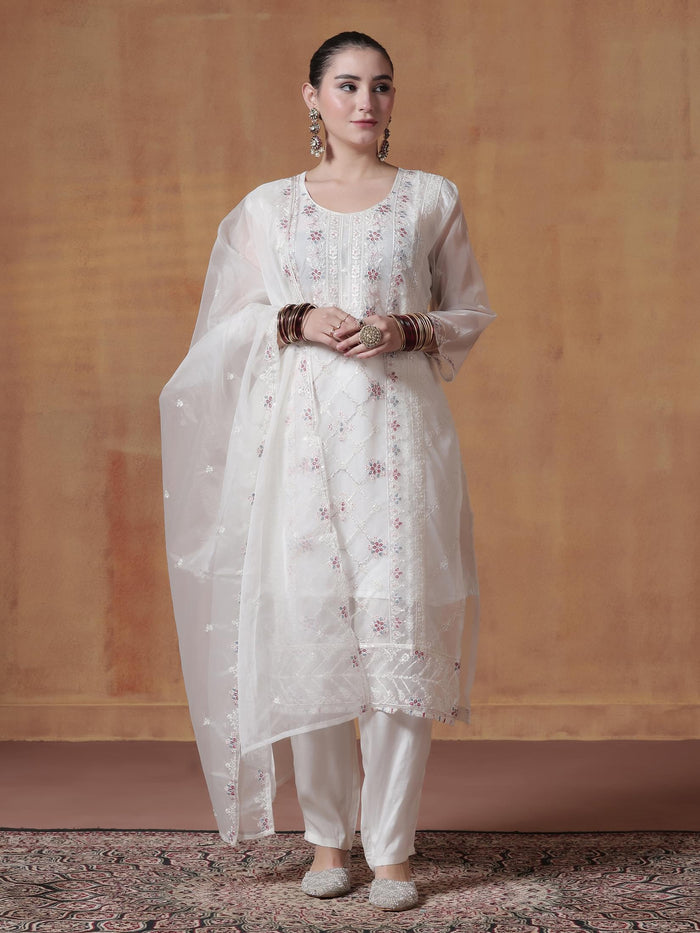 Women Organza White Embroidered Kurta Comfort Pant Dupatta.
