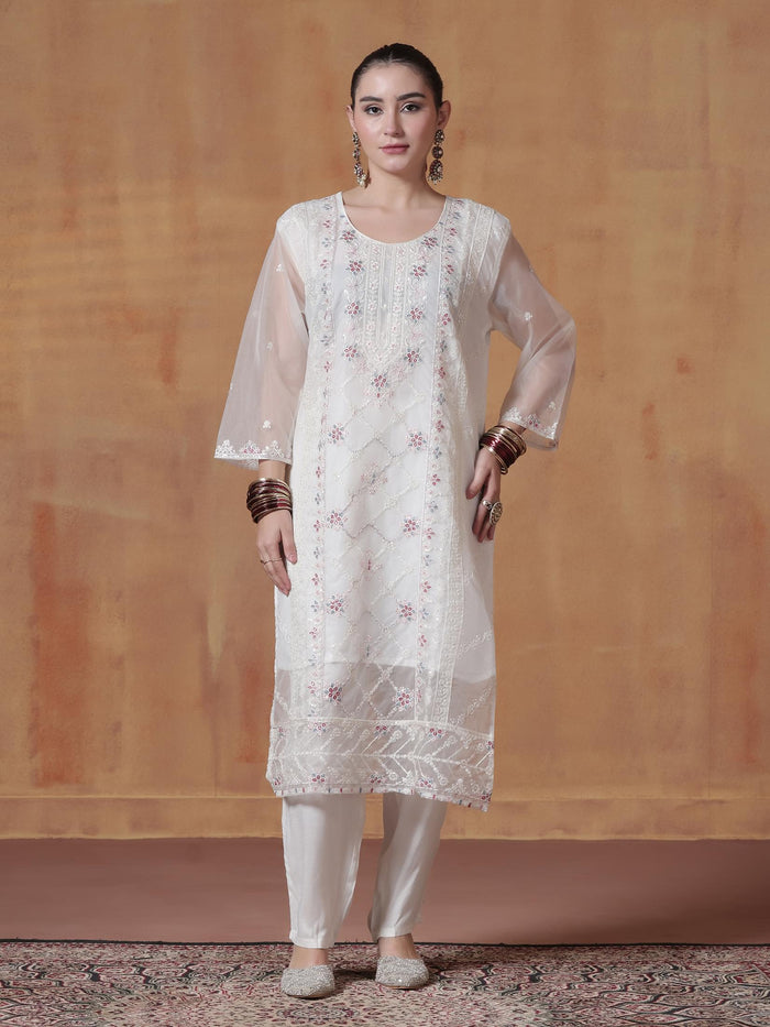 Women Organza White Embroidered Kurta Comfort Pant Dupatta.