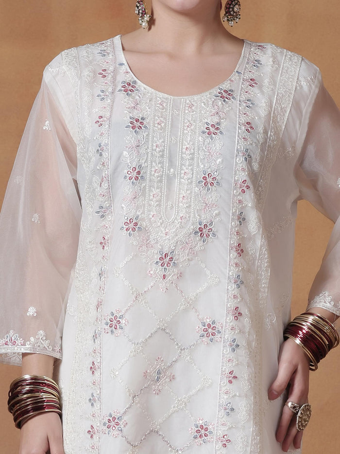 Women Organza White Embroidered Kurta Comfort Pant Dupatta.
