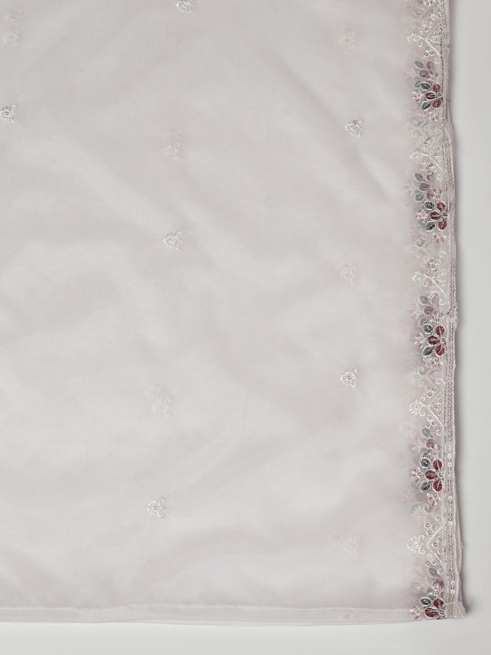 Women Organza White Embroidered Kurta Comfort Pant Dupatta.