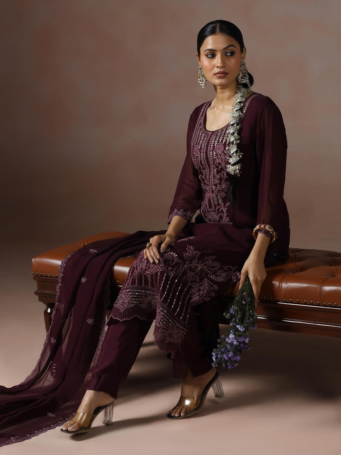 Women Organza Wine Embroidered Kurta Comfort Pant Dupatta.