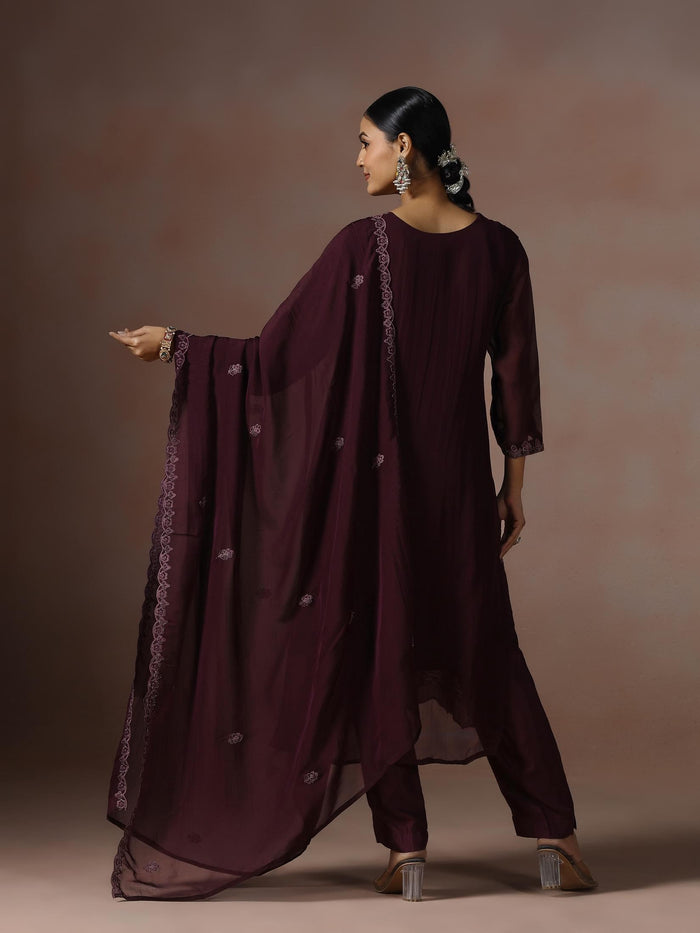 Women Organza Wine Embroidered Kurta Comfort Pant Dupatta.