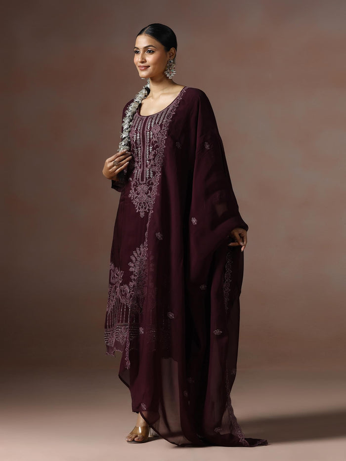 Women Organza Wine Embroidered Kurta Comfort Pant Dupatta.