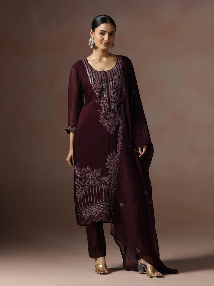 Women Organza Wine Embroidered Kurta Comfort Pant Dupatta.