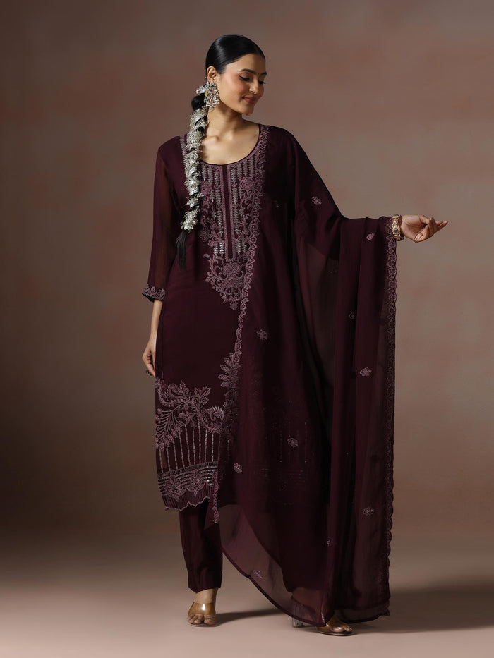 Women Organza Wine Embroidered Kurta Comfort Pant Dupatta.