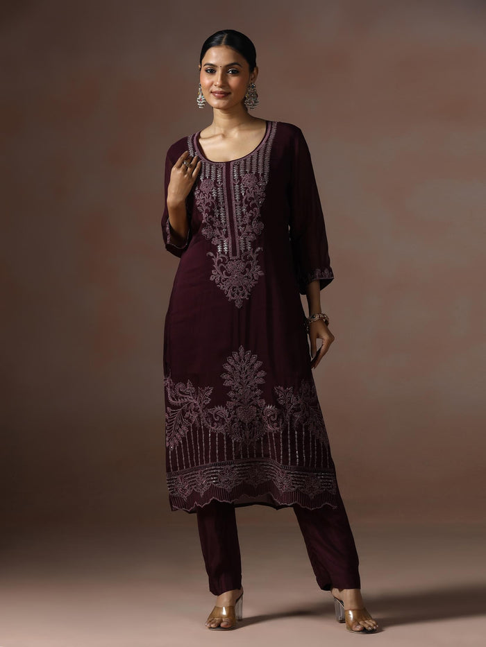 Women Organza Wine Embroidered Kurta Comfort Pant Dupatta.