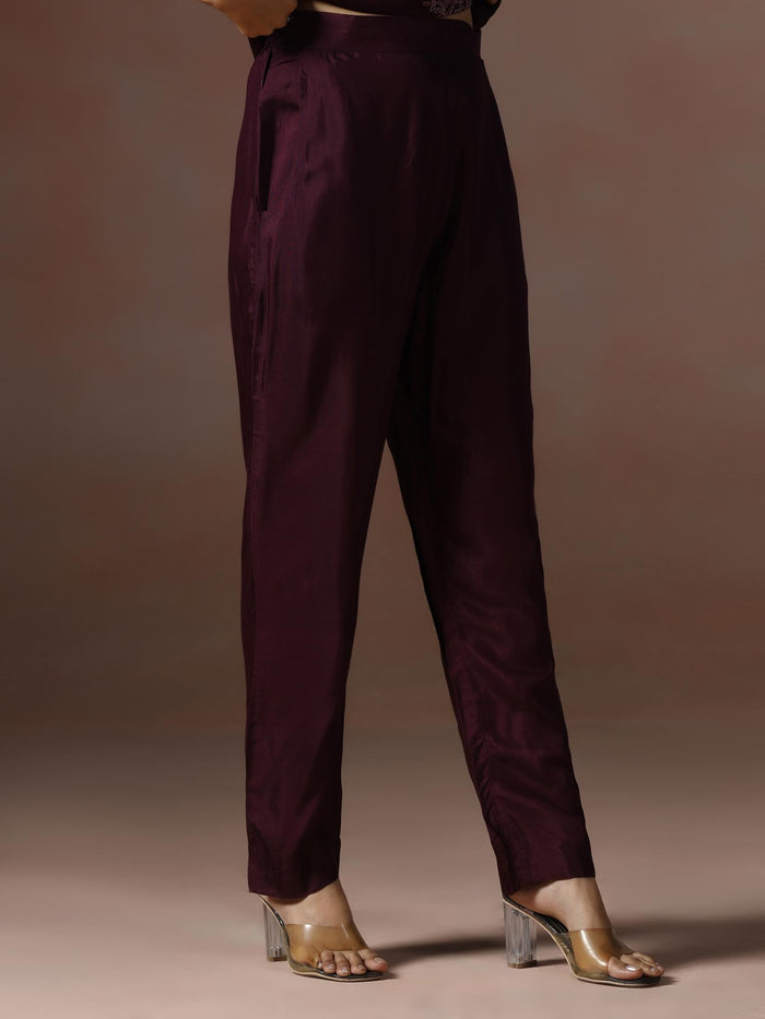 Women Organza Wine Embroidered Kurta Comfort Pant Dupatta.