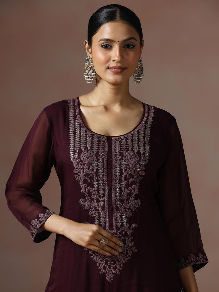 Women Organza Wine Embroidered Kurta Comfort Pant Dupatta.
