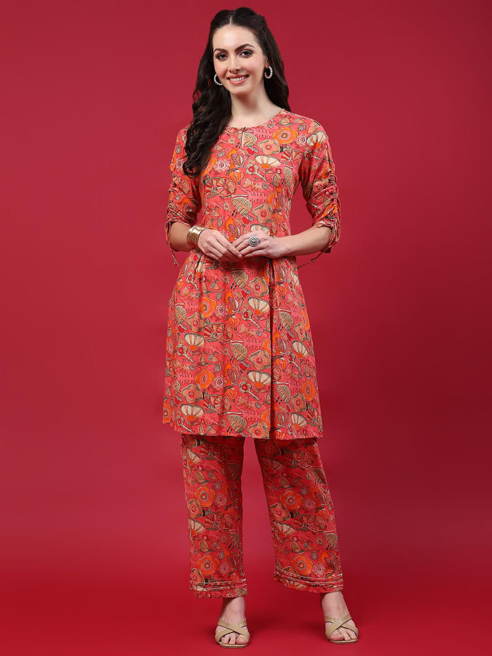Women Peach Abstract Printed Co-Ord Set.