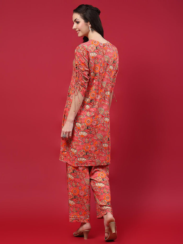 Women Peach Abstract Printed Co-Ord Set.