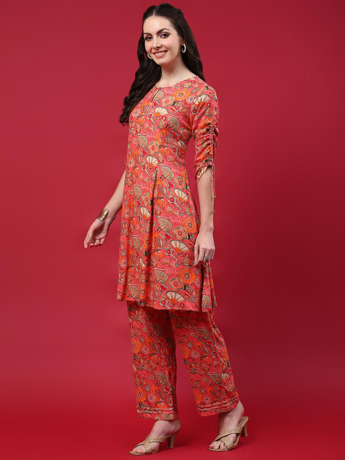 Women Peach Abstract Printed Co-Ord Set.