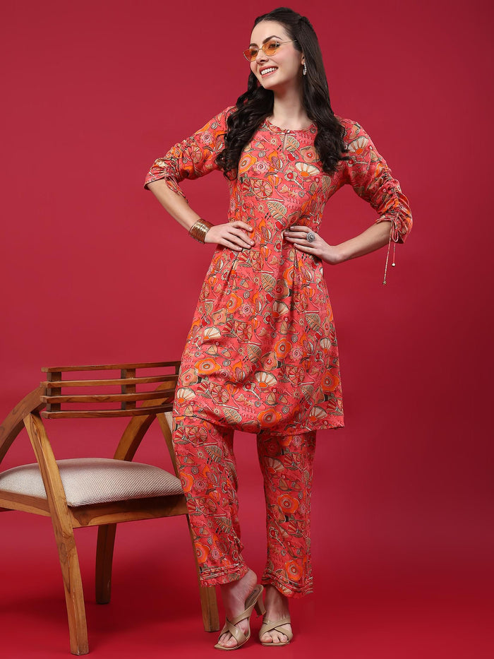 Women Peach Abstract Printed Co-Ord Set.