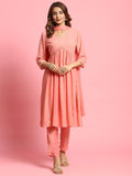 Women Peach Butti Printed Kurta Trouser Dupatta.