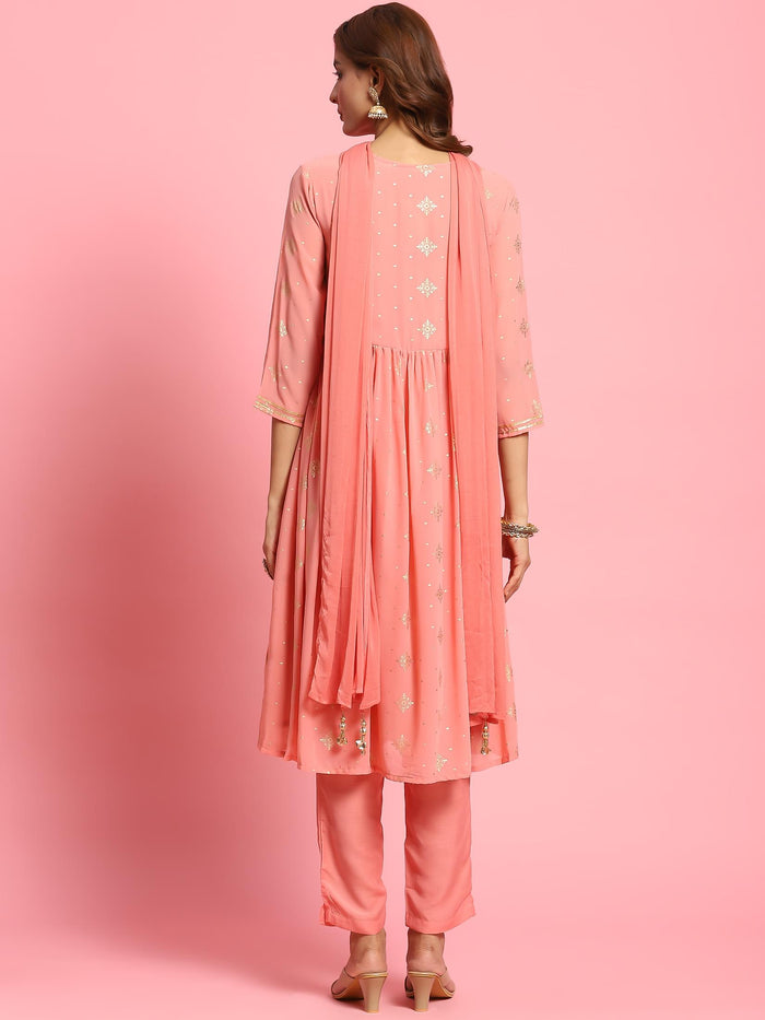 Women Peach Butti Printed Kurta Trouser Dupatta.