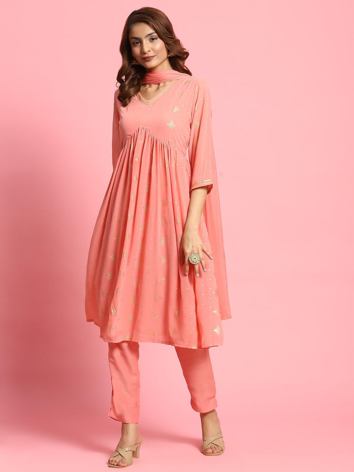 Women Peach Butti Printed Kurta Trouser Dupatta.