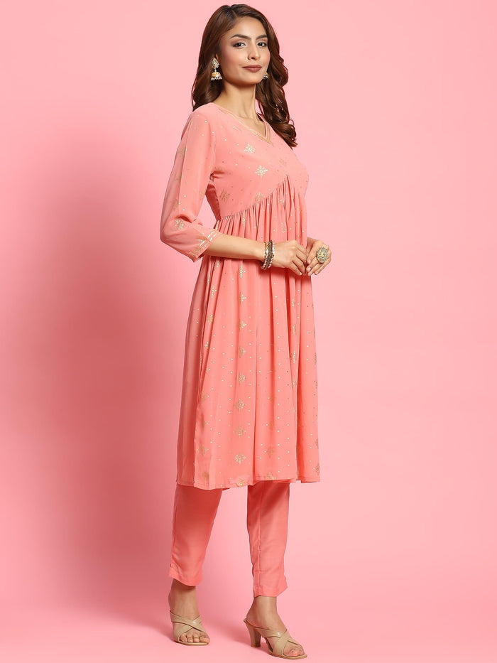Women Peach Butti Printed Kurta Trouser Dupatta.