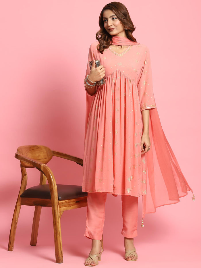 Women Peach Butti Printed Kurta Trouser Dupatta.