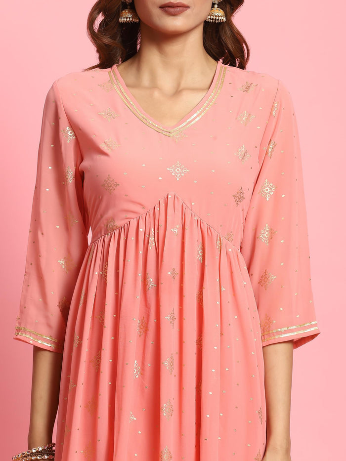 Women Peach Butti Printed Kurta Trouser Dupatta.