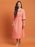 Women Peach Embroidered Dress.