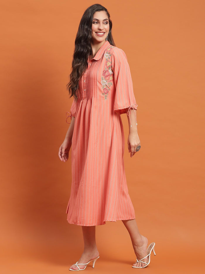 Women Peach Embroidered Dress.