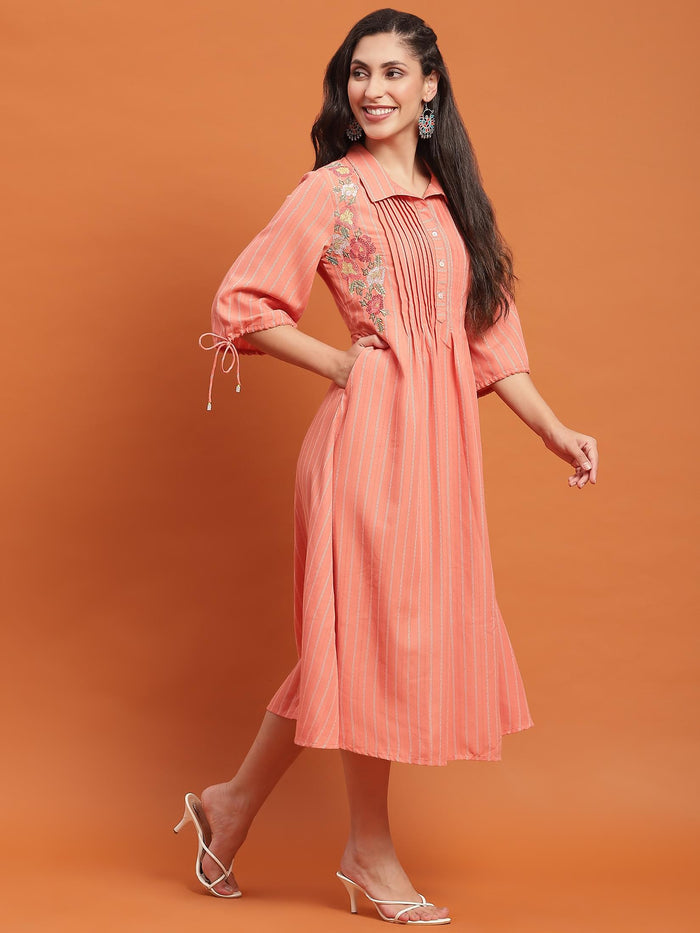 Women Peach Embroidered Dress.