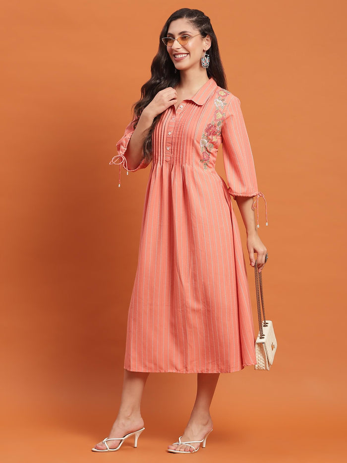 Women Peach Embroidered Dress.