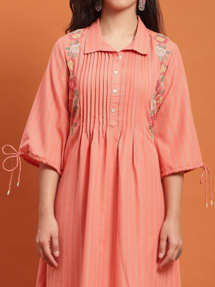 Women Peach Embroidered Dress.