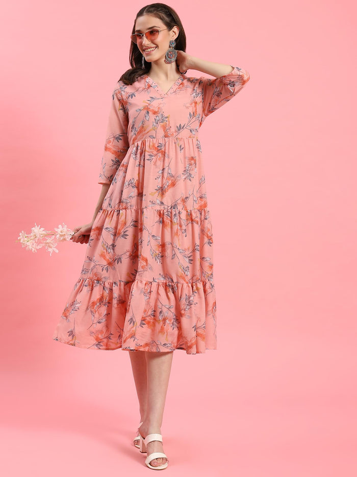 Women Peach Floral Printed Dress.