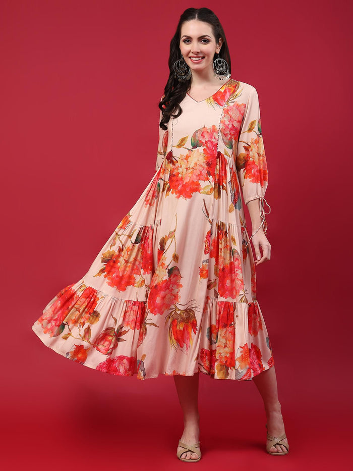 Women Peach Floral Printed Dress.