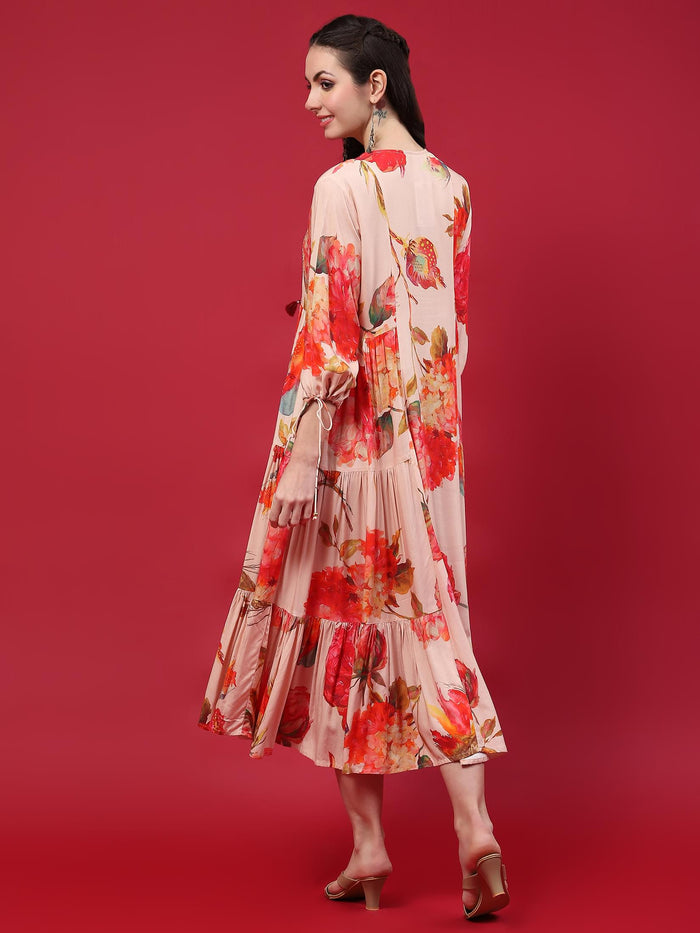 Women Peach Floral Printed Dress.