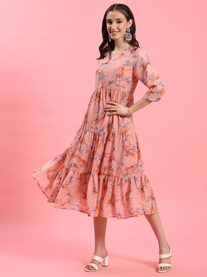 Women Peach Floral Printed Dress.