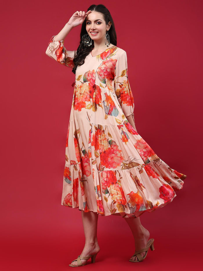 Women Peach Floral Printed Dress.