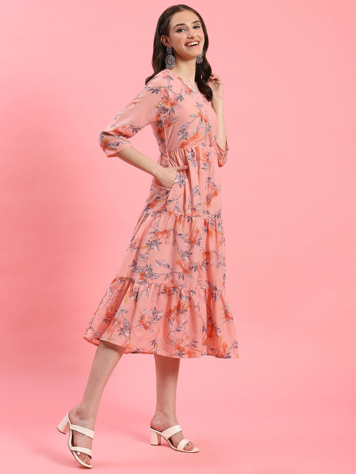 Women Peach Floral Printed Dress.