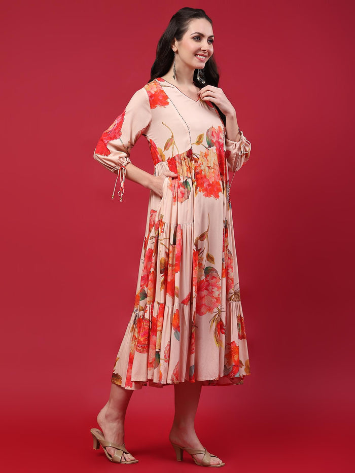 Women Peach Floral Printed Dress.