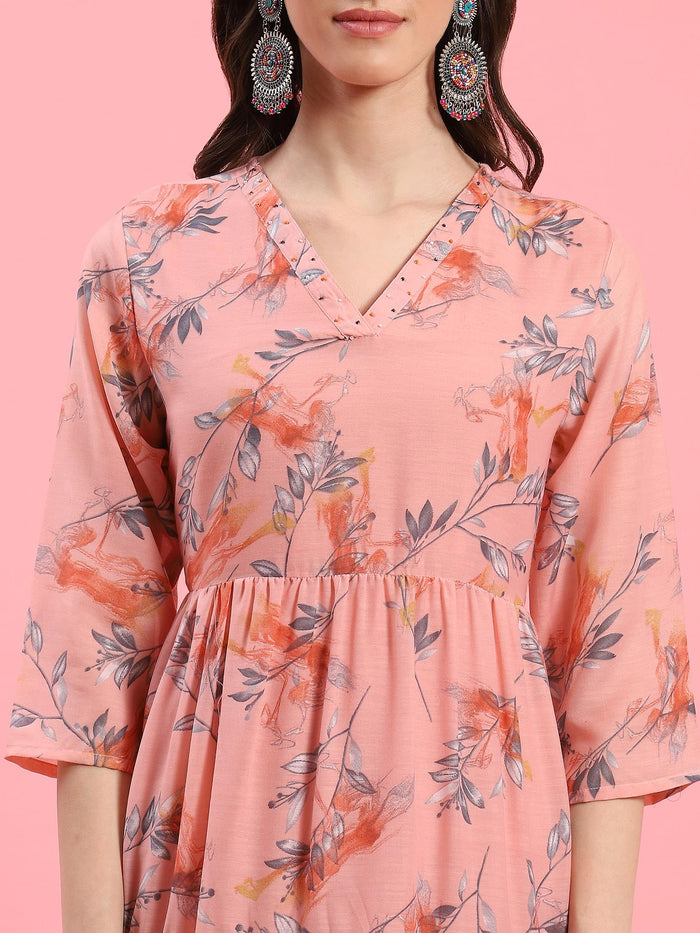 Women Peach Floral Printed Dress.