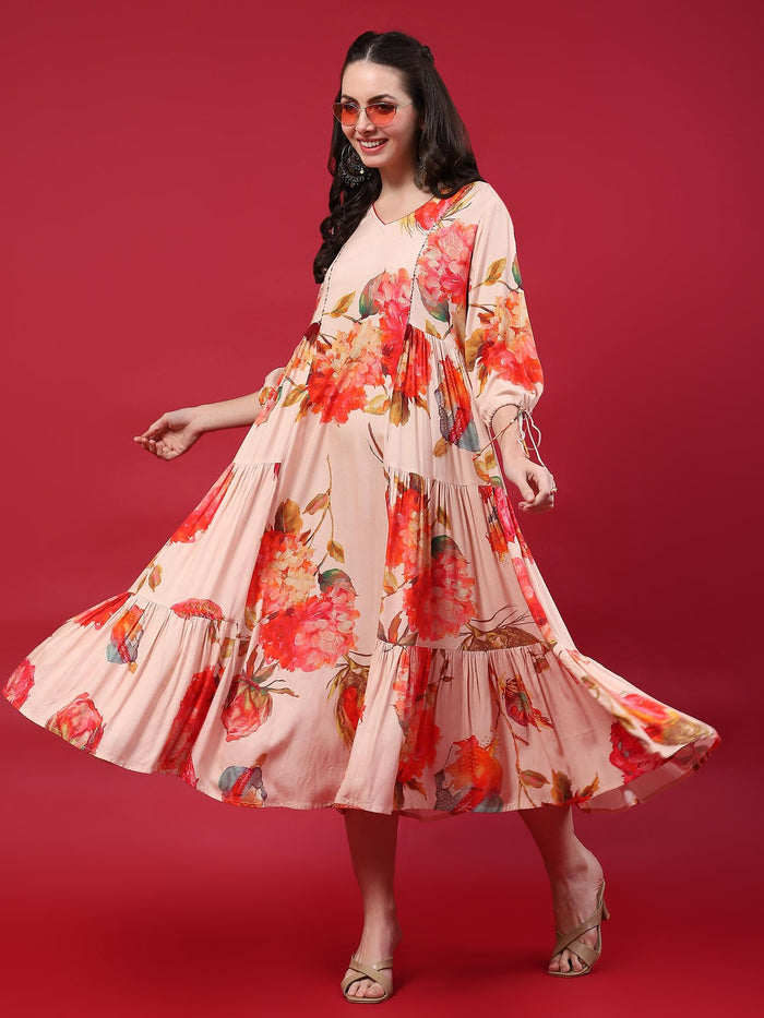 Women Peach Floral Printed Dress.